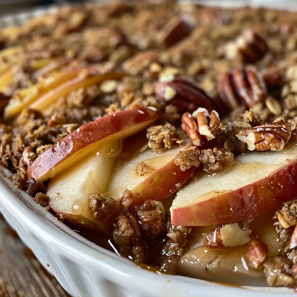['A close-up side view of a lightened-up maple-pecan apple crisp, showing the golden brown topping and apple slices.', 'A detailed shot of apple crisp with a crunchy topping and visible pecans, set against a blurred background.', 'Freshly baked apple crisp with a crumbly topping and sliced apples, captured in vibrant colors.', 'A tantalizing view of baked apple crisp, showcasing its crispy texture and chunks of apples.']