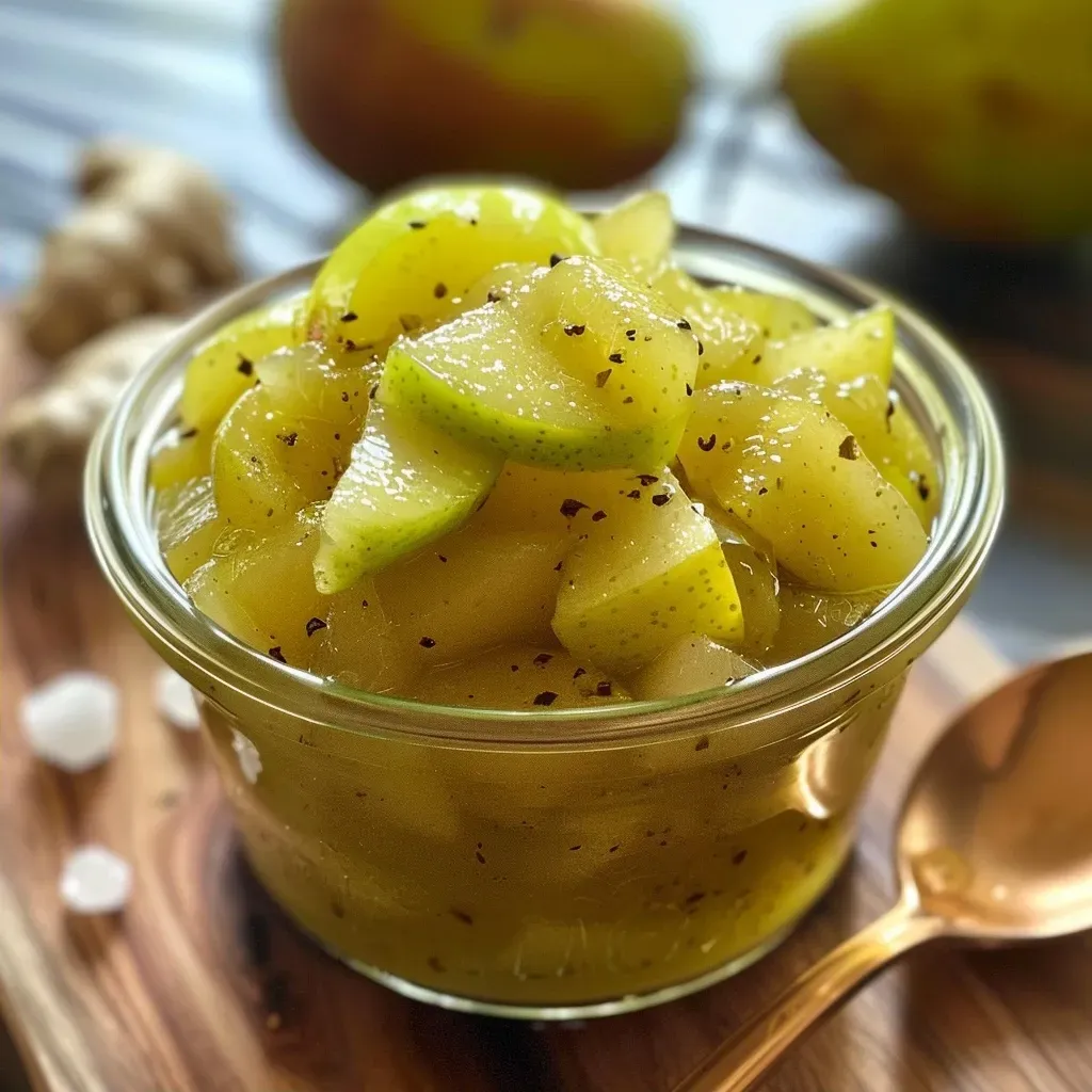 Close-up view of a bowl of Lime Ginger Pear Sauce with visible pear chunks.
