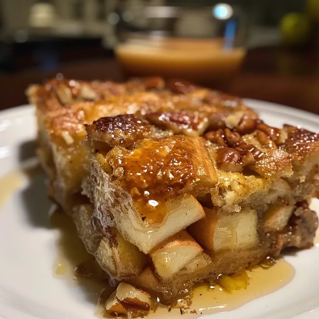 Close-up view of a slice of low-calorie bread pudding with apple chunks and pecans.