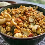 ['Close-up view of Makhana Chivda with roasted lotus seeds, nuts, and spices.', 'Side view of a bowl of Makhana Chivda featuring a mix of crunchy nuts and spices.', 'Detailed close-up of Makhana Chivda highlighting crispy lotus seeds and colorful spices.', 'Vibrant side view of Makhana Chivda packed with ingredients like nuts and curry leaves.']