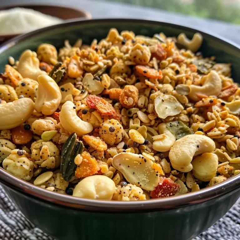 ['Close-up view of Makhana Chivda with roasted lotus seeds, nuts, and spices.', 'Side view of a bowl of Makhana Chivda featuring a mix of crunchy nuts and spices.', 'Detailed close-up of Makhana Chivda highlighting crispy lotus seeds and colorful spices.', 'Vibrant side view of Makhana Chivda packed with ingredients like nuts and curry leaves.']