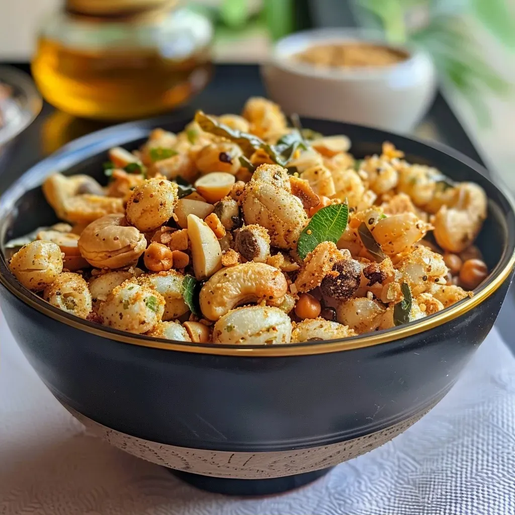 Close-up view of Makhana Chivda with roasted lotus seeds, nuts, and spices.