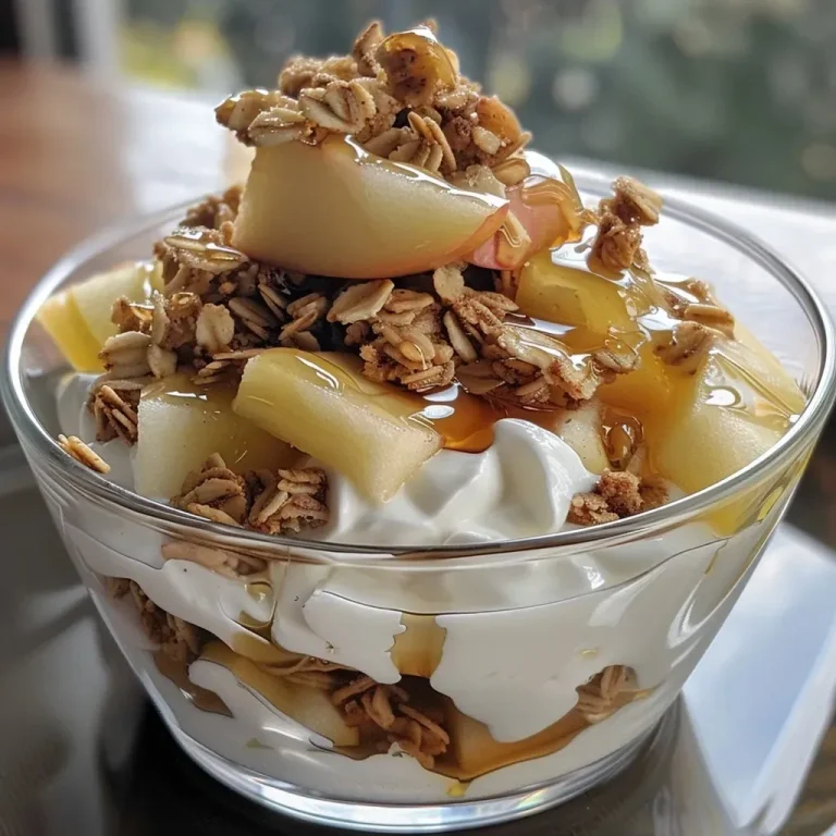 ['Close-up of a Maple Apple Yogurt Parfait layered in a clear glass, showcasing apple chunks, yogurt, and granola.', 'Side view of a vibrant Maple Apple Yogurt Parfait, featuring alternating layers of apples, yogurt, and a sprinkle of granola.', 'Delicious Maple Apple Yogurt Parfait displayed in a glass dish, highlighting chopped apples, creamy yogurt, and a granola topping.', 'A detailed view of a Maple Apple Yogurt Parfait, revealing a mix of yogurt, apples, and crunchy granola.']