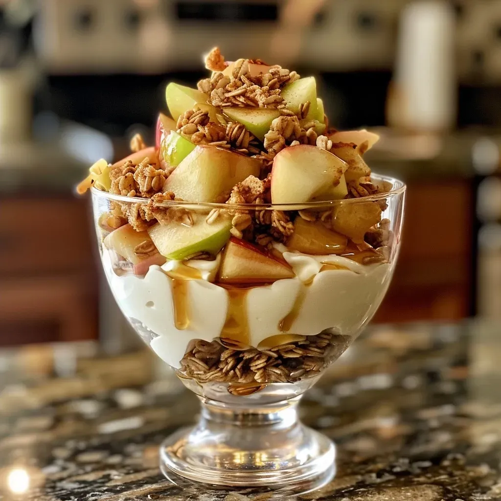 ['Close-up of a Maple Apple Yogurt Parfait layered in a clear glass, showcasing apple chunks, yogurt, and granola.', 'Side view of a vibrant Maple Apple Yogurt Parfait, featuring alternating layers of apples, yogurt, and a sprinkle of granola.', 'Delicious Maple Apple Yogurt Parfait displayed in a glass dish, highlighting chopped apples, creamy yogurt, and a granola topping.', 'A detailed view of a Maple Apple Yogurt Parfait, revealing a mix of yogurt, apples, and crunchy granola.']