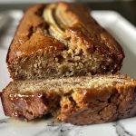 ['Close-up side view of a slice of Maple-Bourbon Banana Bread on a wooden cutting board.', 'Juicy Maple-Bourbon Banana Bread with a golden crust and visible chunks of toffee.', 'A moist slice of banana bread highlighting its rich color and texture, garnished with a few banana slices.', 'Detailed view of Maple-Bourbon Banana Bread showcasing its fluffy interior and toffee pieces.']