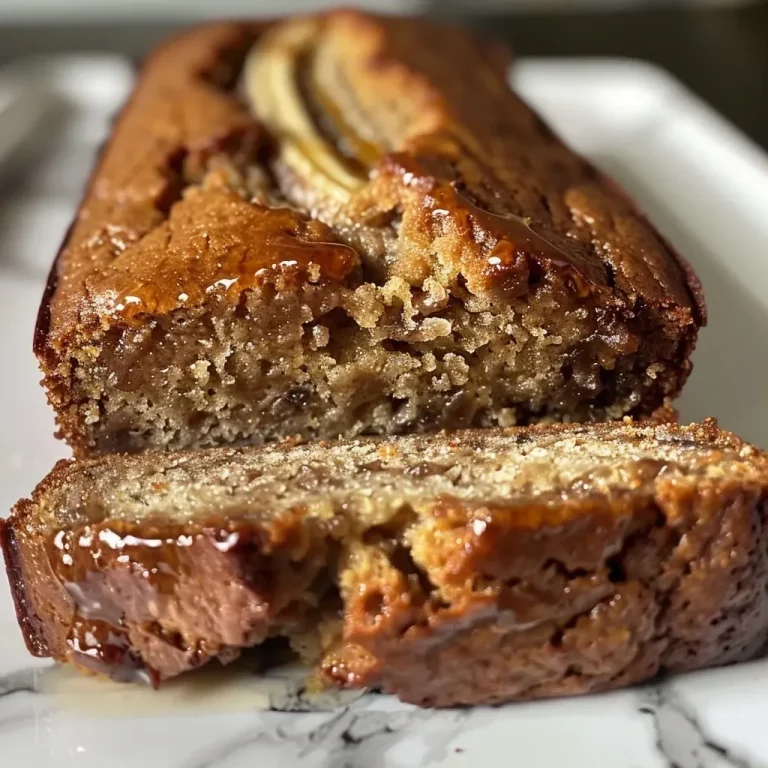 ['Close-up side view of a slice of Maple-Bourbon Banana Bread on a wooden cutting board.', 'Juicy Maple-Bourbon Banana Bread with a golden crust and visible chunks of toffee.', 'A moist slice of banana bread highlighting its rich color and texture, garnished with a few banana slices.', 'Detailed view of Maple-Bourbon Banana Bread showcasing its fluffy interior and toffee pieces.']
