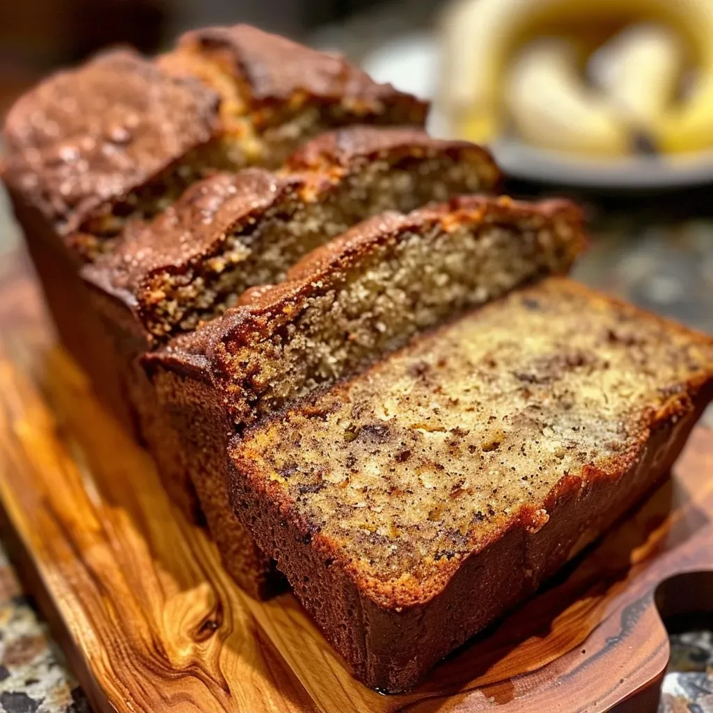 ['Close-up side view of a slice of Maple-Bourbon Banana Bread on a wooden cutting board.', 'Juicy Maple-Bourbon Banana Bread with a golden crust and visible chunks of toffee.', 'A moist slice of banana bread highlighting its rich color and texture, garnished with a few banana slices.', 'Detailed view of Maple-Bourbon Banana Bread showcasing its fluffy interior and toffee pieces.']