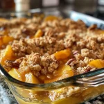 ['Close-up view of a Maple Bourbon Peach Crumble with juicy peach slices and a golden topping.', 'Side view of a freshly baked Maple Bourbon Peach Crumble, showcasing a crumbly topping and peach filling.', 'Juicy Maple Bourbon Peach Crumble, highlighting the textures of peaches and pecans in the dish.', 'Detailed view of a Maple Bourbon Peach Crumble, emphasizing the golden crust and juicy peach layers.']
