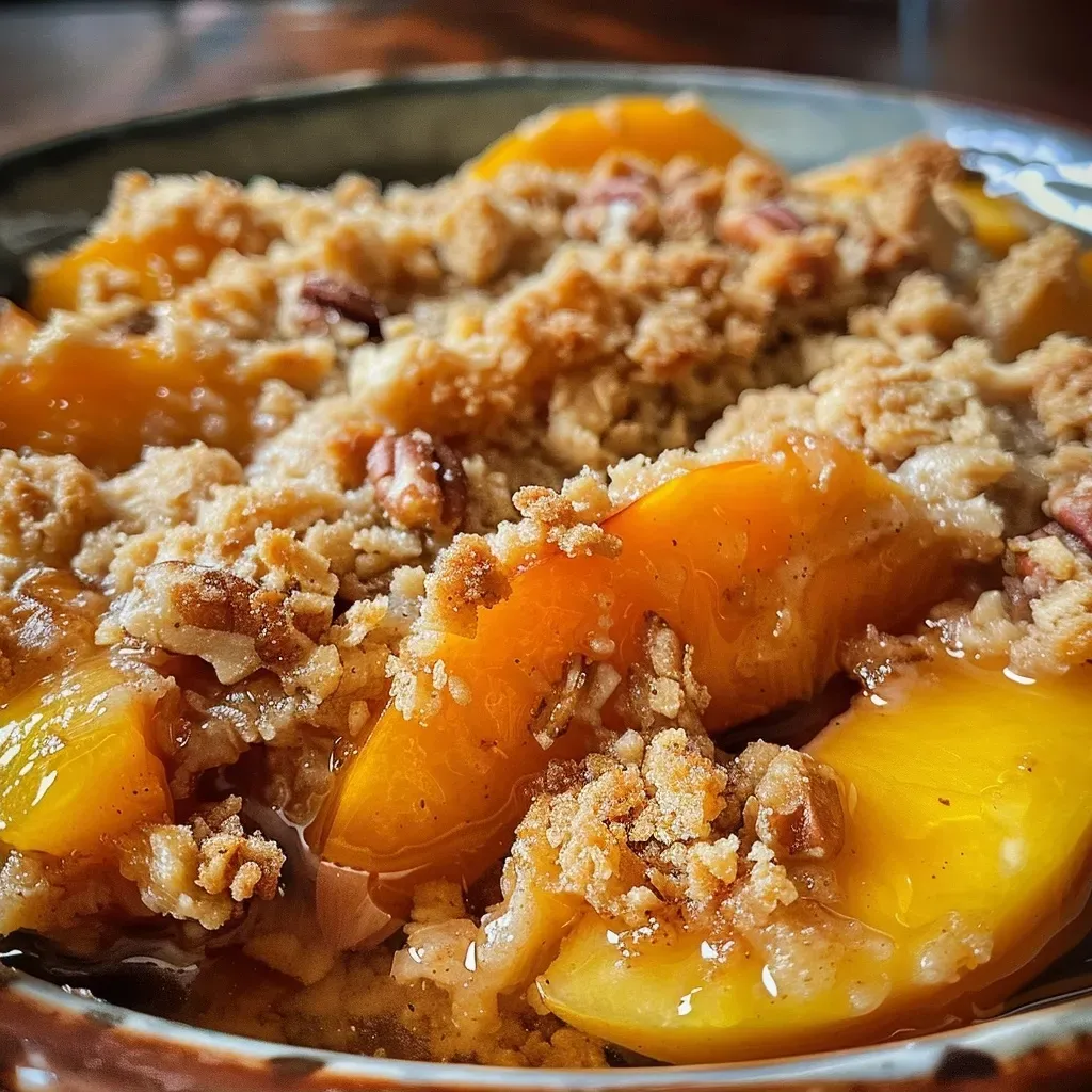 Close-up view of a Maple Bourbon Peach Crumble with juicy peach slices and a golden topping.