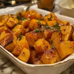 ['A close-up view of juicy cubes of maple glazed squash on a plate.', 'Side view of succulent maple glazed butternut squash pieces, glistening in syrup.', 'Deliciously caramelized butternut squash cubes, enhanced with maple glaze and spices.', 'Richly colored butternut squash cubes drizzled with maple syrup, showcasing their texture.']