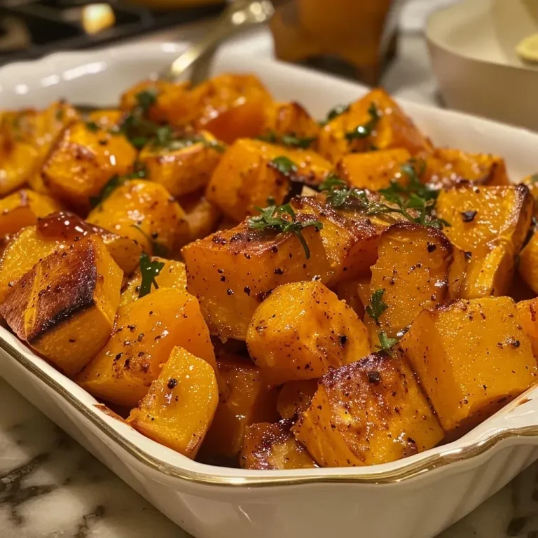 ['A close-up view of juicy cubes of maple glazed squash on a plate.', 'Side view of succulent maple glazed butternut squash pieces, glistening in syrup.', 'Deliciously caramelized butternut squash cubes, enhanced with maple glaze and spices.', 'Richly colored butternut squash cubes drizzled with maple syrup, showcasing their texture.']