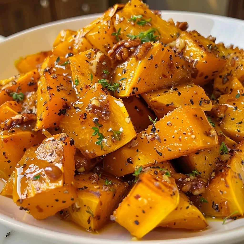 A close-up view of juicy cubes of maple glazed squash on a plate.