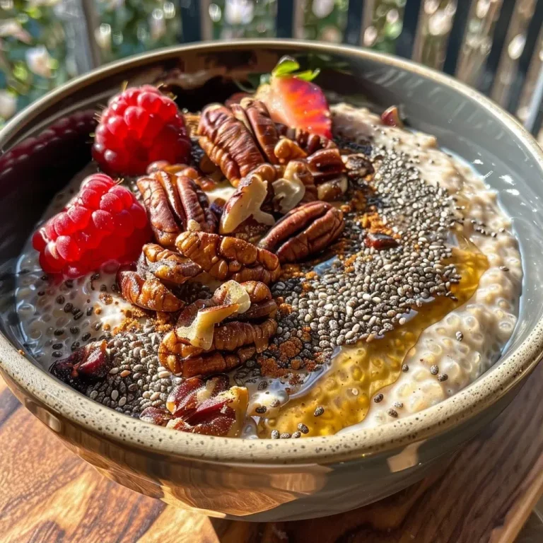 ['Close-up view of a colorful chia breakfast bowl topped with pecans and berries.', 'Side view of a nutritious chia pudding bowl filled with nuts and fresh fruit.', 'Detailed shot of a Maple Pecan Chia Breakfast Bowl with a creamy texture and toppings.', 'Artistic representation of a breakfast bowl featuring chia seeds, almond milk, and pecans.']