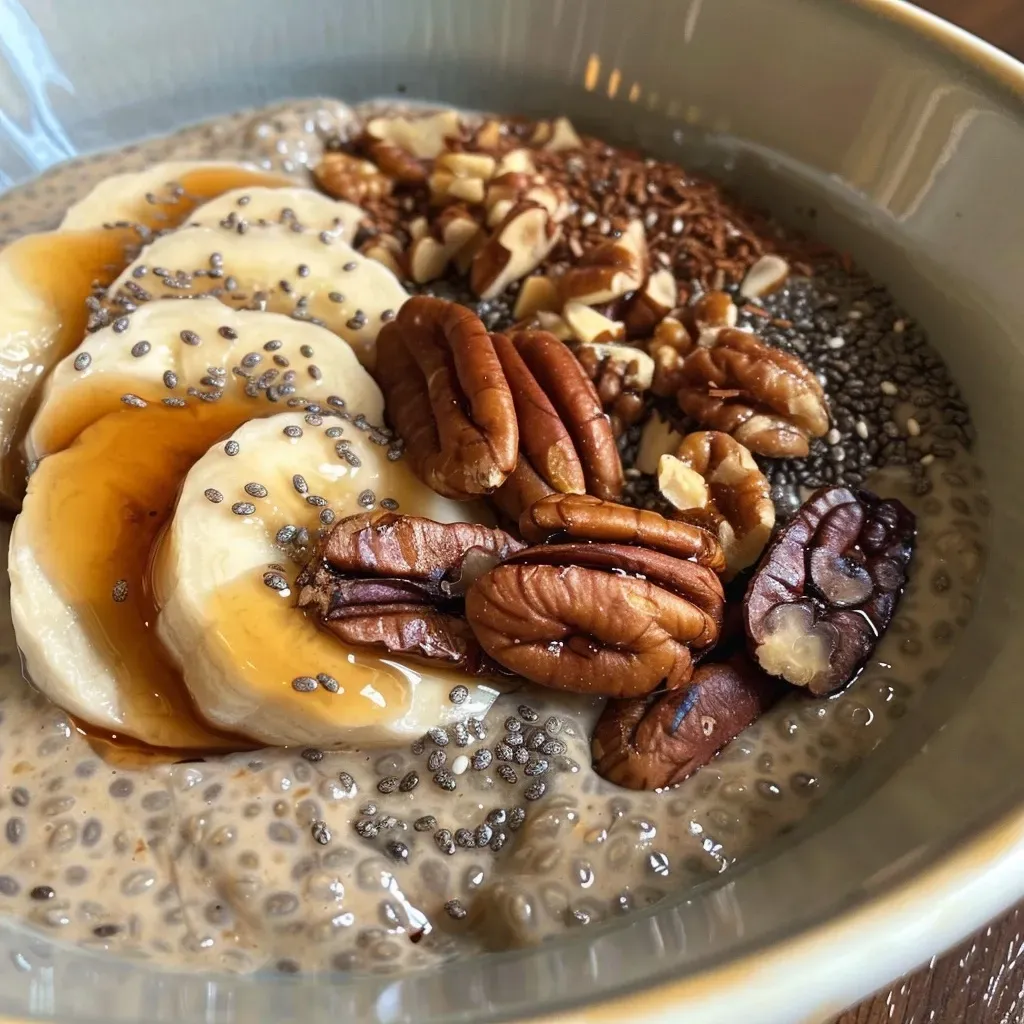 ['Close-up view of a colorful chia breakfast bowl topped with pecans and berries.', 'Side view of a nutritious chia pudding bowl filled with nuts and fresh fruit.', 'Detailed shot of a Maple Pecan Chia Breakfast Bowl with a creamy texture and toppings.', 'Artistic representation of a breakfast bowl featuring chia seeds, almond milk, and pecans.']