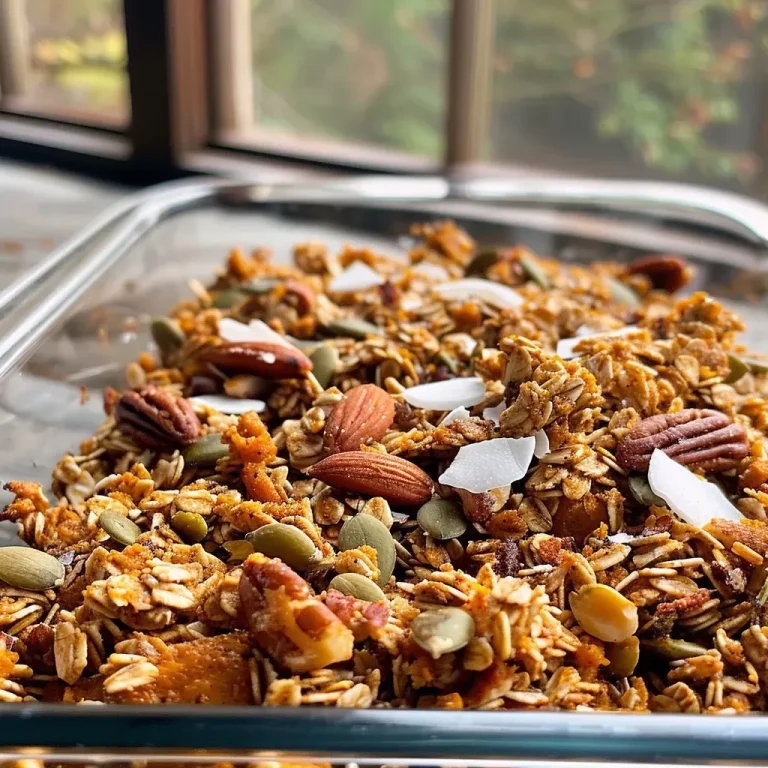 ['Close-up side view of a bowl of Maple Pumpkin Granola with visible pecans and coconut flakes.', 'Juicy maple pumpkin granola featuring oats, pumpkin seeds, and spices in a textured arrangement.', 'A hearty mix of granola with pumpkin puree, coconut flakes, and nuts captured in a detailed side view.', 'Detailed photo showing a colorful assortment of Maple Pumpkin Granola with ingredients like oats and pecans.']
