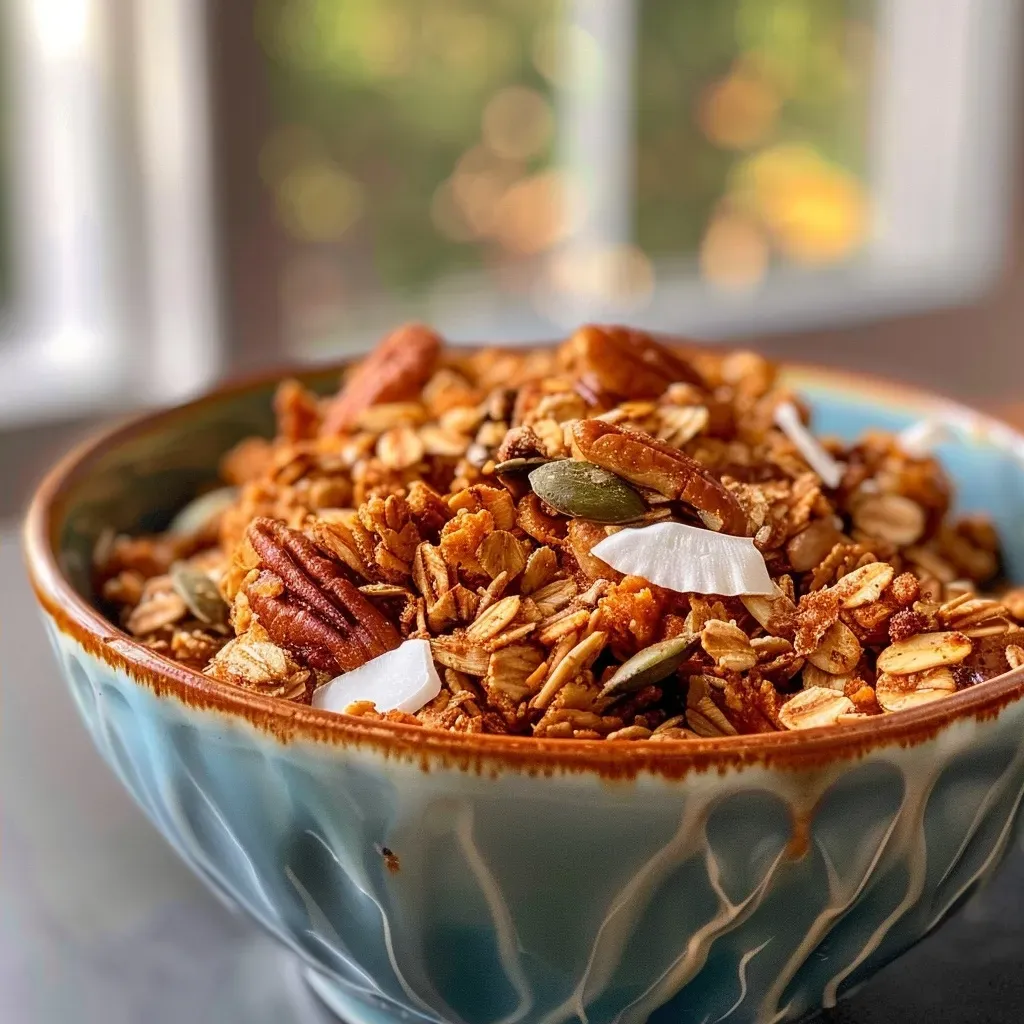 ['Close-up side view of a bowl of Maple Pumpkin Granola with visible pecans and coconut flakes.', 'Juicy maple pumpkin granola featuring oats, pumpkin seeds, and spices in a textured arrangement.', 'A hearty mix of granola with pumpkin puree, coconut flakes, and nuts captured in a detailed side view.', 'Detailed photo showing a colorful assortment of Maple Pumpkin Granola with ingredients like oats and pecans.']