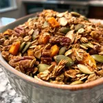 ['Close-up view of Maple Pumpkin Pecan Granola in a bowl, showcasing oats, pecans, and pumpkin seeds.', 'Side view of a delicious granola mixture, highlighting the textures of oats and nuts.', 'Detailed shot of Maple Pumpkin Pecan Granola with visible pumpkin puree and maple syrup glistening.', 'Colorful granola featuring a mix of rolled oats, chopped pecans, and green pumpkin seeds.']