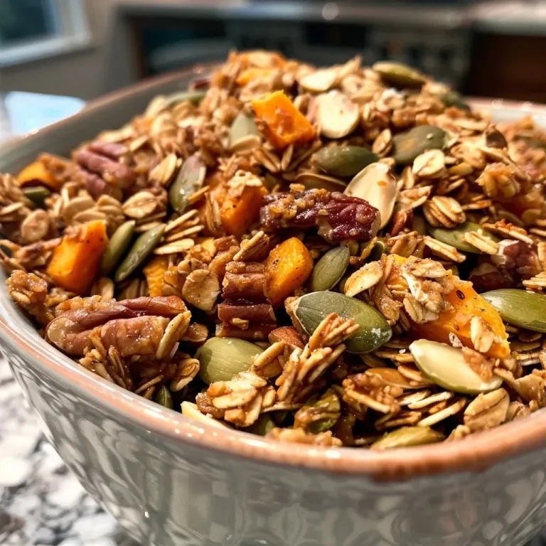 ['Close-up view of Maple Pumpkin Pecan Granola in a bowl, showcasing oats, pecans, and pumpkin seeds.', 'Side view of a delicious granola mixture, highlighting the textures of oats and nuts.', 'Detailed shot of Maple Pumpkin Pecan Granola with visible pumpkin puree and maple syrup glistening.', 'Colorful granola featuring a mix of rolled oats, chopped pecans, and green pumpkin seeds.']