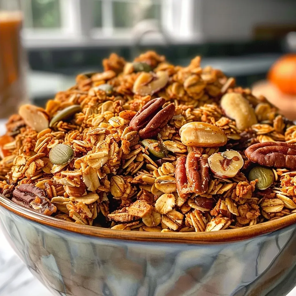 Close-up view of Maple Pumpkin Pecan Granola in a bowl, showcasing oats, pecans, and pumpkin seeds.