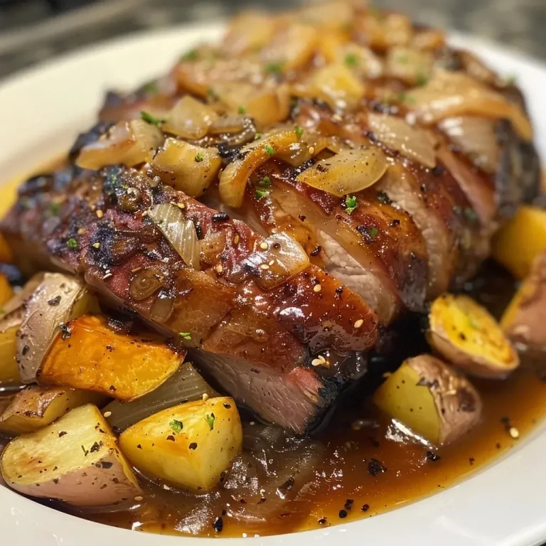 ['Juicy maple roast with glazed potatoes and onions in a close-up view.', 'Side view of a succulent maple roast surrounded by colorful vegetables.', 'Detailed shot of a maple-glazed roast with sweet and red potatoes.', 'Close-up of a roasted brisket drizzled with maple syrup and mustard.']