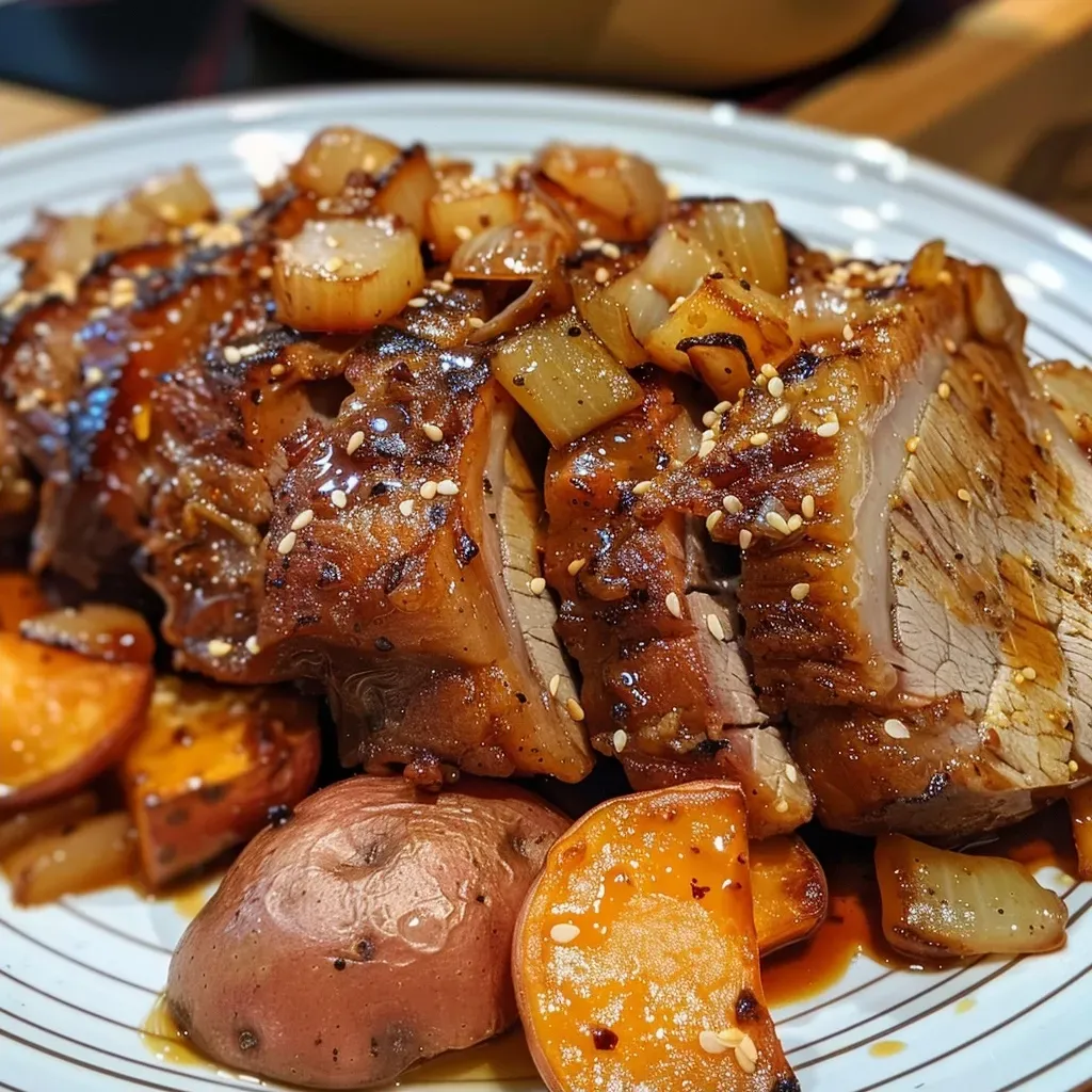 ['Juicy maple roast with glazed potatoes and onions in a close-up view.', 'Side view of a succulent maple roast surrounded by colorful vegetables.', 'Detailed shot of a maple-glazed roast with sweet and red potatoes.', 'Close-up of a roasted brisket drizzled with maple syrup and mustard.']