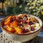 ['Close-up view of a yogurt bowl topped with roasted butternut squash and nuts.', 'Side view of a decadent yogurt bowl featuring maple roasted butternut squash.', 'Delicious yogurt bowl with cubes of butternut squash, nuts, and cranberries.', 'Creamy Greek yogurt base topped with golden roasted butternut squash.']