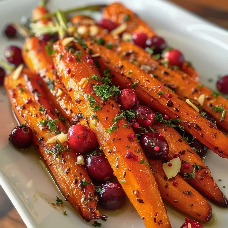 ['Close-up view of maple roasted carrots garnished with fresh cranberries and herbs.', 'Juicy maple roasted carrots with bright red cranberries and a drizzle of syrup.', 'Side view of roasted carrots and cranberries, showcasing the caramelized glaze.', 'A vibrant arrangement of roasted carrots with cranberries and thyme on a plate.']