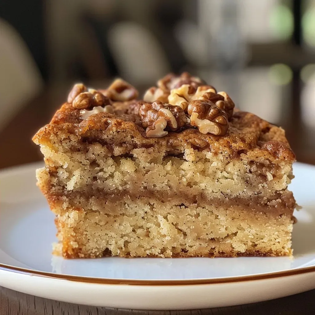 A delicious slice of Maple Walnut Coffee Cake showcasing golden-brown crust and chopped walnuts.