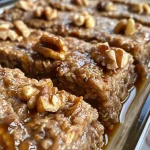 ['Close-up of a golden-brown Maple Walnut Oatmeal Bake with a slice removed.', 'Side view of a baked oatmeal dish topped with walnuts and drizzled with maple syrup.', 'Oatmeal bake showing texture, sprinkled with chopped walnuts and a hint of cinnamon.', 'Delicious Maple Walnut Oatmeal Bake served in a baking dish, highlighting its moist interior.']