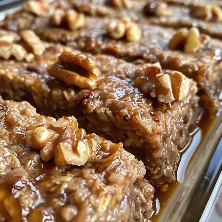 ['Close-up of a golden-brown Maple Walnut Oatmeal Bake with a slice removed.', 'Side view of a baked oatmeal dish topped with walnuts and drizzled with maple syrup.', 'Oatmeal bake showing texture, sprinkled with chopped walnuts and a hint of cinnamon.', 'Delicious Maple Walnut Oatmeal Bake served in a baking dish, highlighting its moist interior.']