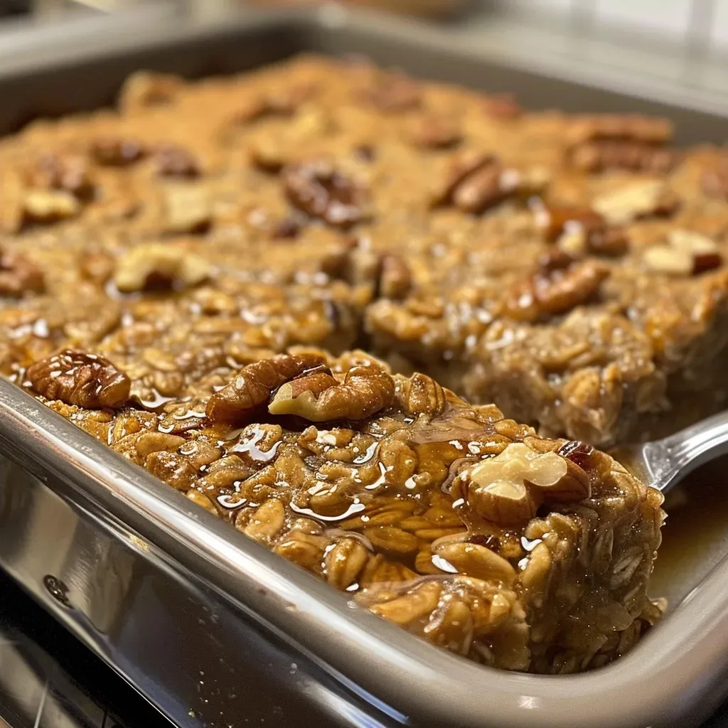 Close-up of a golden-brown Maple Walnut Oatmeal Bake with a slice removed.