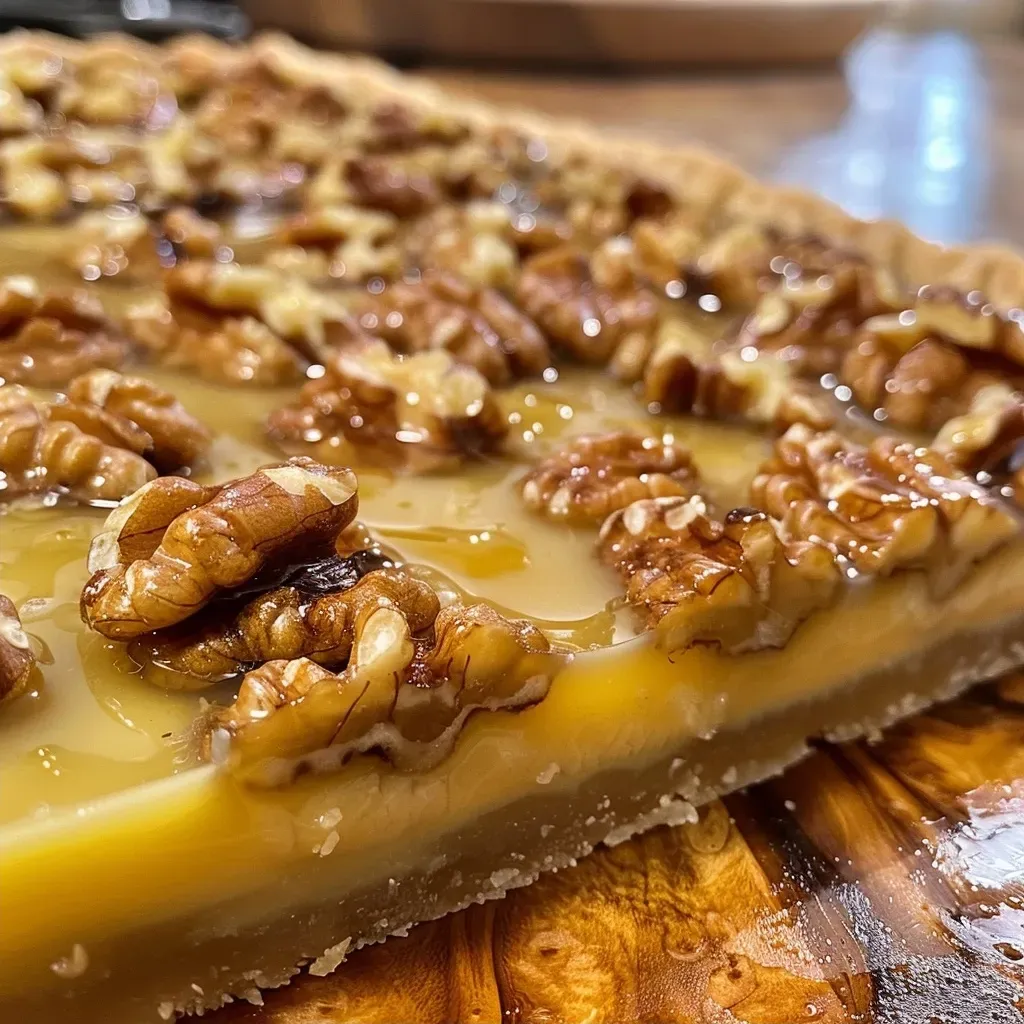 ['Close-up side view of a Maple Walnut Tart with a golden crust and walnut topping.', 'Delicious Maple Walnut Tart showcasing a flaky crust and rich filling adorned with walnuts.', 'A beautifully baked Maple Walnut Tart with a shiny maple glaze and toasted walnut pieces.', 'Side angle of a Maple Walnut Tart revealing its layers and texture, with a glossy finish.']