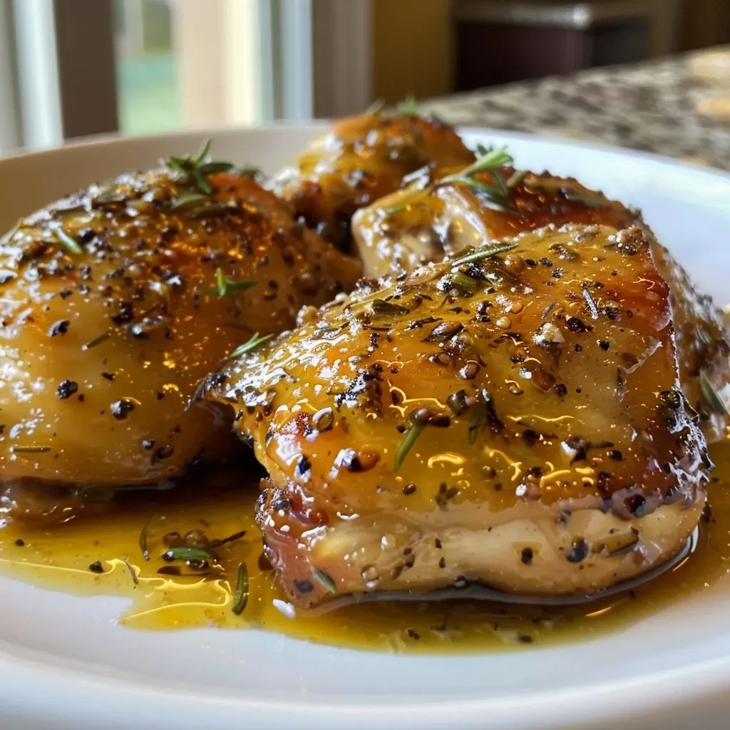 Juicy chicken breasts coated in a golden mustard-maple glaze, garnished with fresh rosemary.