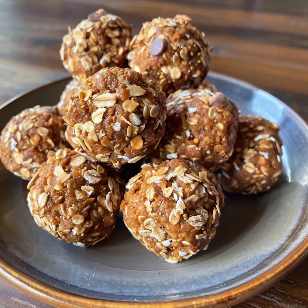 ['Close-up view of golden No Bake Pumpkin Spice Energy Bites with chocolate chips.', 'Side view of delicious pumpkin spice energy bites, showing the texture and ingredients.', 'Juicy No Bake Energy Bites stacked on a wooden board, with a warm autumn vibe.', 'Tasty pumpkin spice energy bites highlighted by the natural light, featuring dark chocolate chips.']