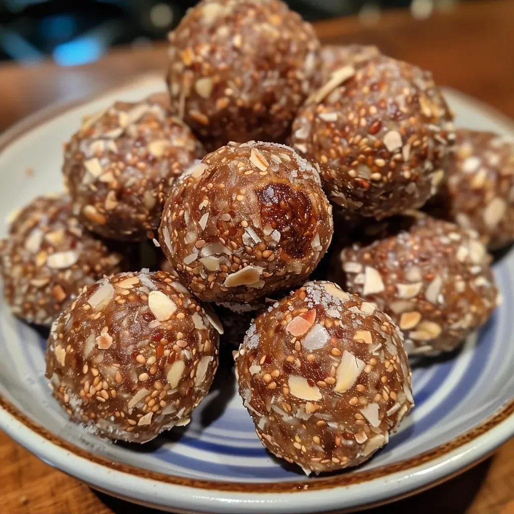 ['A close-up view of No Bake Vanilla Fig Protein Balls displayed on a wooden surface.', 'Side view of several No Bake Vanilla Fig Protein Balls made with nuts and figs.', 'A cluster of No Bake Vanilla Fig Protein Balls showcasing a chewy texture and nutty finish.', 'Delicious No Bake Vanilla Fig Protein Balls arranged neatly, highlighting their ingredients.']