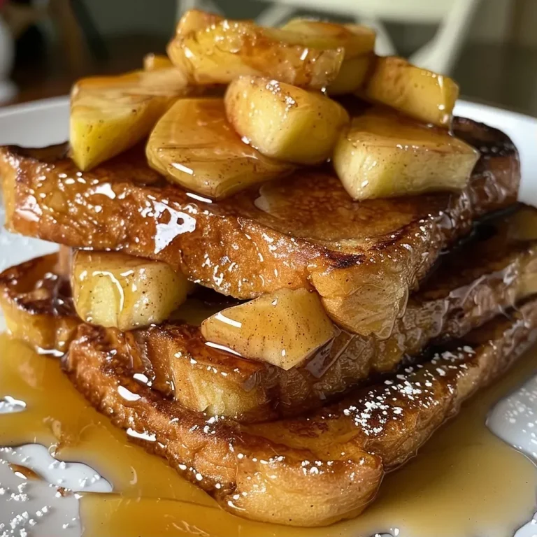 ['Close-up view of Overnight Apple Cinnamon French Toast with apples and cinnamon on top.', 'Side view of a plate of Overnight Apple Cinnamon French Toast drizzled with syrup.', 'Delicious Overnight Apple Cinnamon French Toast highlighting the layers of bread and apple slices.', 'Appetizing presentation of Overnight Apple Cinnamon French Toast with a rich brown sugar glaze.']