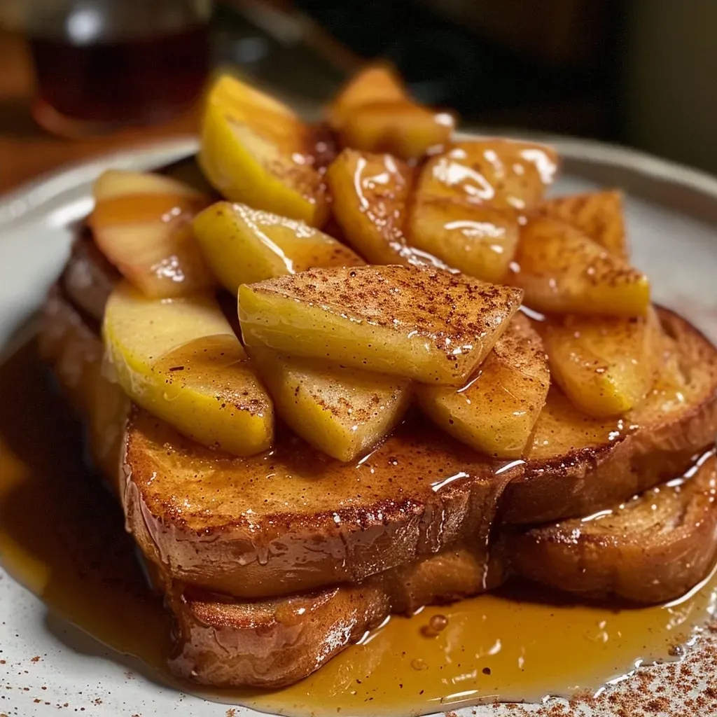 ['Close-up view of Overnight Apple Cinnamon French Toast with apples and cinnamon on top.', 'Side view of a plate of Overnight Apple Cinnamon French Toast drizzled with syrup.', 'Delicious Overnight Apple Cinnamon French Toast highlighting the layers of bread and apple slices.', 'Appetizing presentation of Overnight Apple Cinnamon French Toast with a rich brown sugar glaze.']