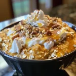 ['Close-up of a bowl of Overnight Oats topped with walnuts and berries.', 'Side view of creamy Overnight Oats with maple syrup and chia seeds.', 'Juicy Overnight Oats in a clear glass bowl, garnished with fresh berries.', 'Delicious Overnight Oats with a rich texture, showcasing chopped walnuts.']
