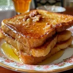 ["Close-up of Paula Deen's French toast topped with syrup and pecans.", 'Side view of golden French toast with a buttery glaze and pecans.', 'Juicy French toast slice with syrup drizzled and brown sugar topping.', 'Delicious French toast served with butter and maple syrup on a plate.']
