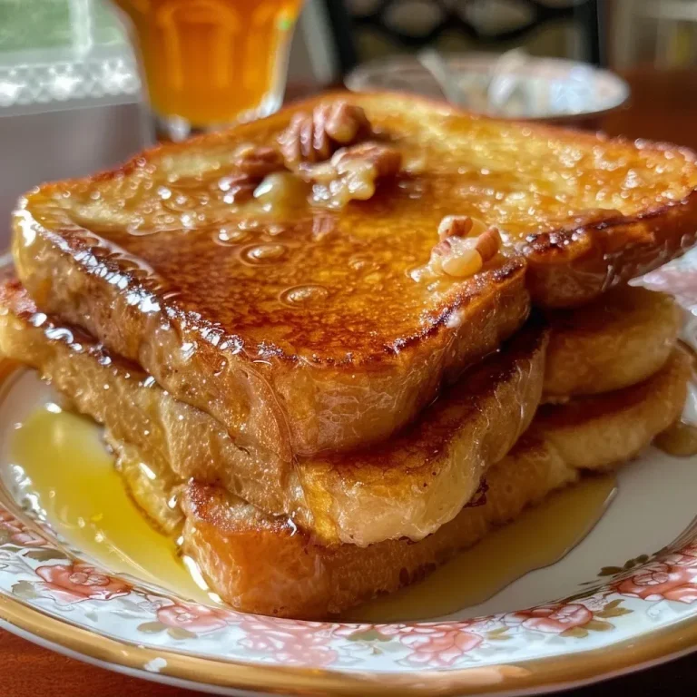 ["Close-up of Paula Deen's French toast topped with syrup and pecans.", 'Side view of golden French toast with a buttery glaze and pecans.', 'Juicy French toast slice with syrup drizzled and brown sugar topping.', 'Delicious French toast served with butter and maple syrup on a plate.']