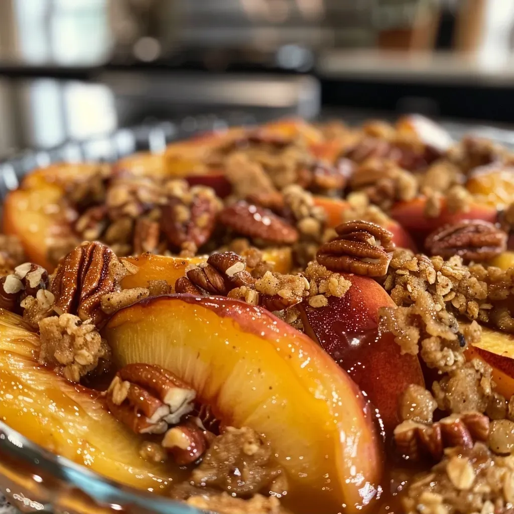 ['Close-up view of Peach Maple Pecan Crumble with a golden brown crust and juicy peach slices.', 'Side angle of a delicious Peach Maple Pecan Crumble, highlighting its crumbly topping and fruit filling.', 'Rich Peach Maple Pecan Crumble displayed on a plate, showing the layered texture of peaches and pecans.', 'Lush, baked Peach Maple Pecan Crumble with a crispy top and visible pieces of peach and pecan.']