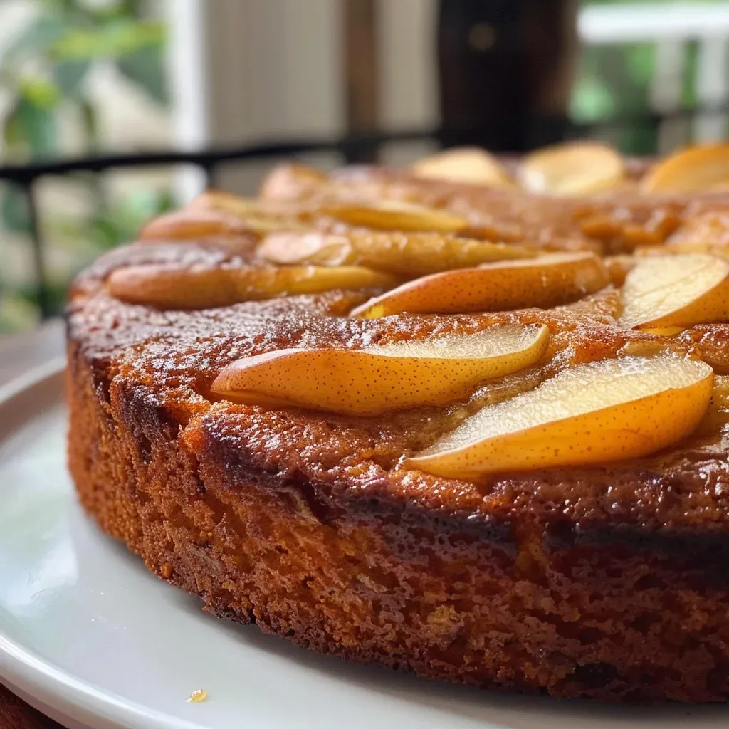 ['Close-up view of a succulent Pear Ginger Cake showcasing its fluffy texture and glazed top.', 'Side perspective of a moist Pear Ginger Cake with visible diced pears and crystallized ginger pieces.', 'Detailed image of a freshly baked Pear Ginger Cake revealing its golden brown surface and soft crumb.', 'Juicy Pear Ginger Cake slice displayed prominently to highlight its rich ingredients and appealing colors.']