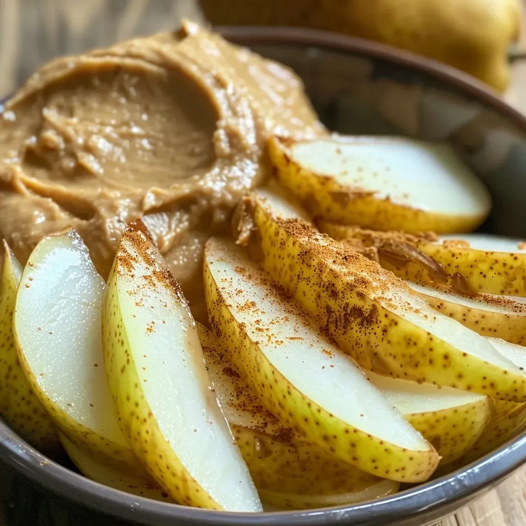 ['Close-up of a sliced pear with a creamy peanut butter yogurt dip beside it.', 'Side view of a juicy pear paired with peanut butter yogurt dip on a plate.', 'Fresh pear slices arranged next to a small bowl of peanut butter yogurt dip.', 'Juicy pear wedges served with a rich peanut butter yogurt dip in a casual setting.']