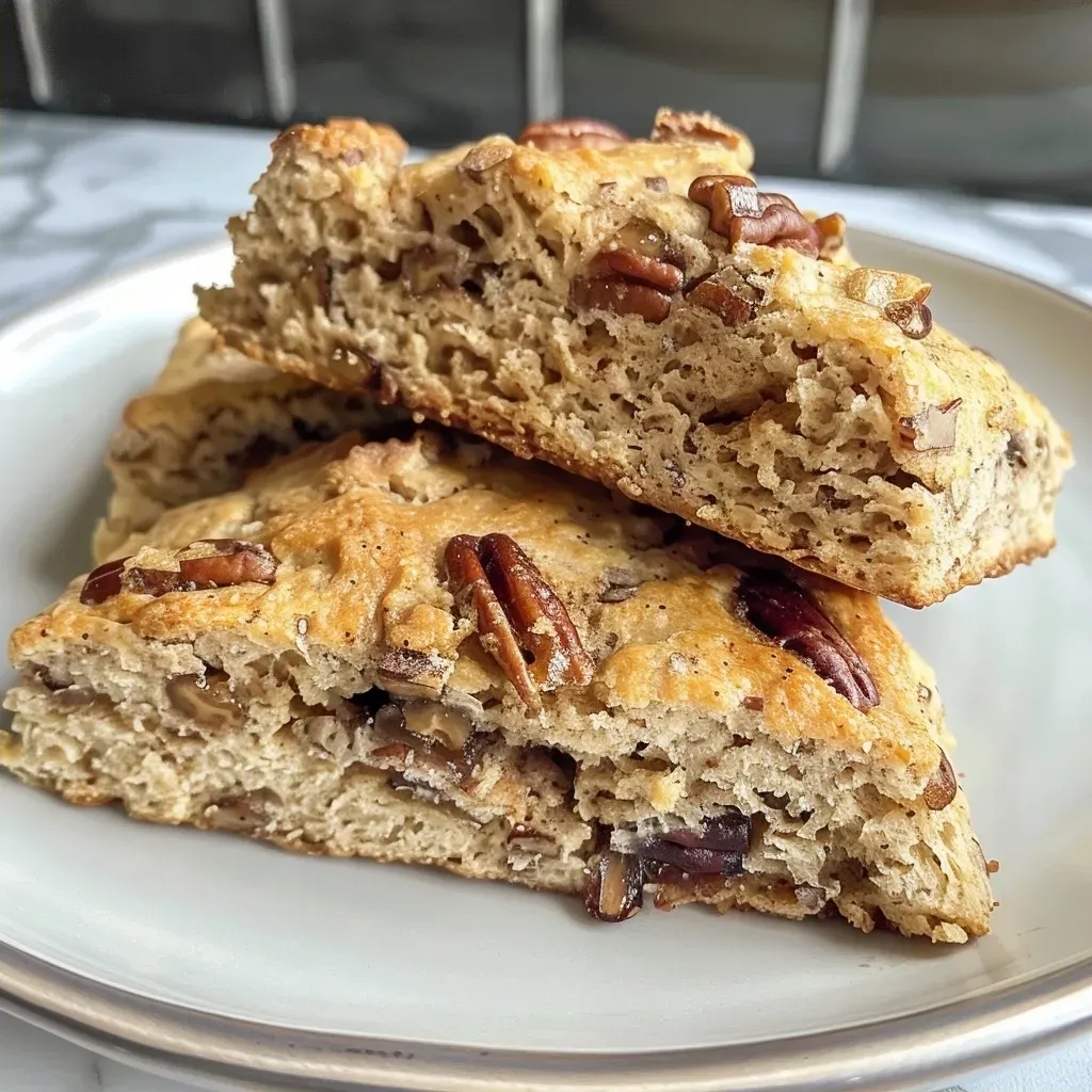 Close-up side view of freshly baked pecan and date scones with a golden-brown crust.