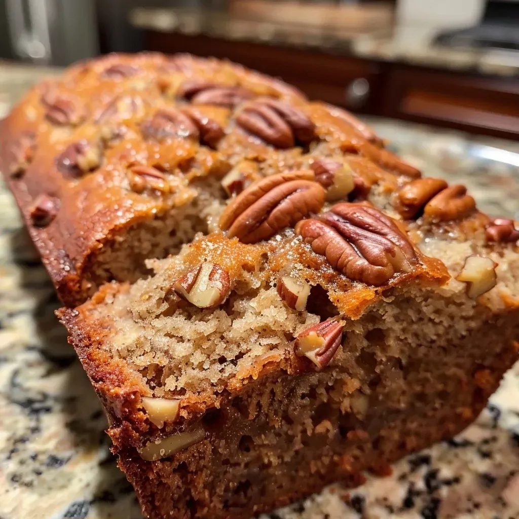 ['Close-up of a slice of golden-brown Pecan Bread with visible chunks of pecans.', 'Side view of freshly baked Pecan Bread showcasing its soft texture and nutty inclusions.', 'Juicy Pecan Bread displayed with a rich, buttery crust and scattered pecan pieces.', 'Delicious slice of Pecan Bread highlighting its moist interior and toasted pecans.']