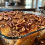 ['Close-up view of golden-brown Pecan French Toast topped with finely chopped pecans.', 'Side angle shot of a plate featuring Pecan French Toast drizzled with syrup and sprinkled with pecans.', 'Delicious slice of Pecan French Toast showcasing a crispy exterior and a soft interior, garnished with pecans.', 'Appetizing image of Pecan French Toast with a rich, golden color and a texture hinting at fluffiness.']