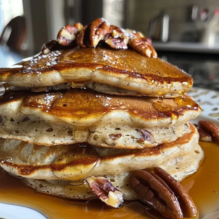 ['Close-up of fluffy pecan pancakes stacked elegantly, drizzled with syrup.', 'Side view of delicious pecan pancakes topped with chopped pecans and syrup.', 'Juicy pecan pancakes in a cozy home setting, captured with an iPhone.', 'Fluffy pecan pancakes garnished with nuts, showcasing their golden-brown texture.']