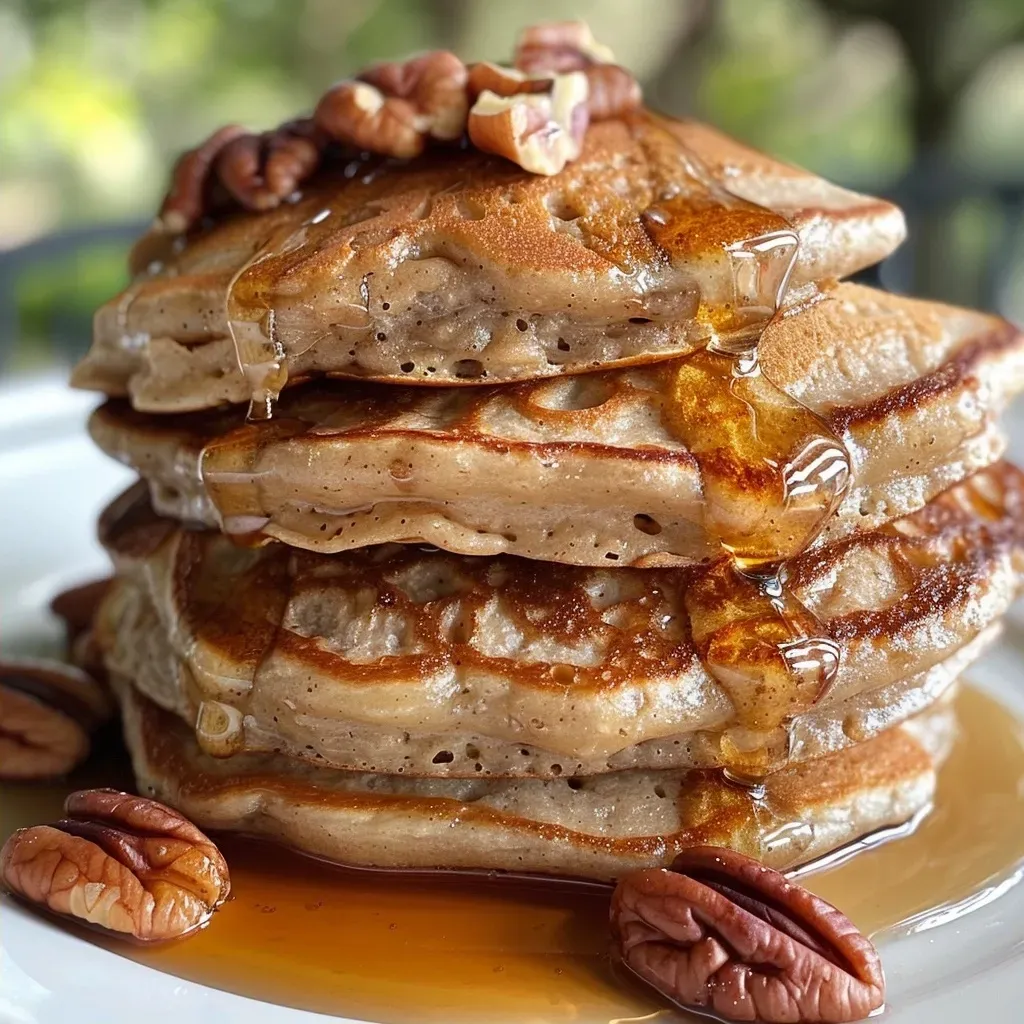['Close-up of fluffy pecan pancakes stacked elegantly, drizzled with syrup.', 'Side view of delicious pecan pancakes topped with chopped pecans and syrup.', 'Juicy pecan pancakes in a cozy home setting, captured with an iPhone.', 'Fluffy pecan pancakes garnished with nuts, showcasing their golden-brown texture.']