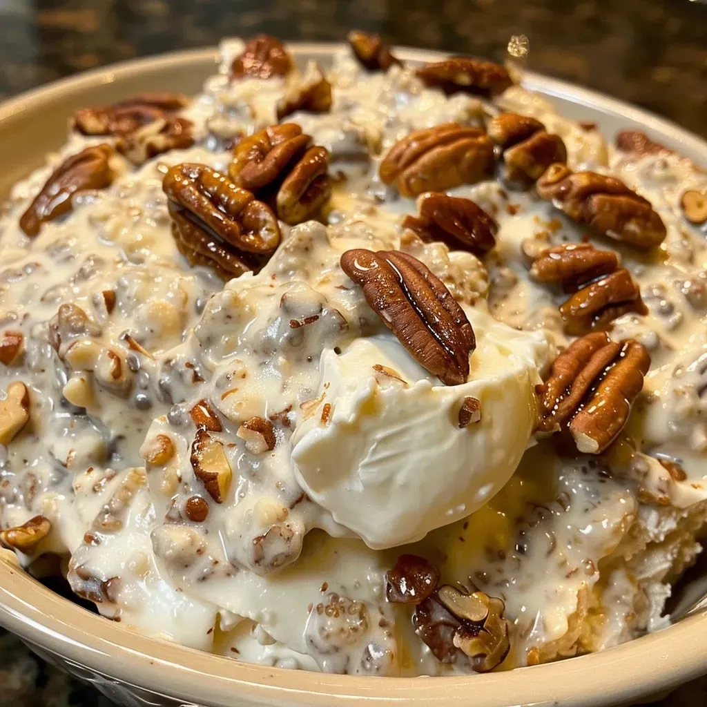 ['Close-up of a creamy pecan pie dip in a bowl with a spoon.', 'Side view of a delicious pecan pie dip garnished with chopped pecans.', 'A creamy mixture in a bowl, showcasing pecan pie dip and a silver serving spoon.', 'Close-up of a dessert dip with pecans, displayed in a decorative dish.']