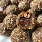 ['Close-up view of Pecan Pie Energy Bites rolled in crushed pecans.', 'Side angle of Pecan Pie Energy Bites showcasing their texture and shine.', 'Juicy Pecan Pie Energy Bites on a plate, highlighting their deliciousness.', 'A detailed shot of Pecan Pie Energy Bites with pecans in the background.']
